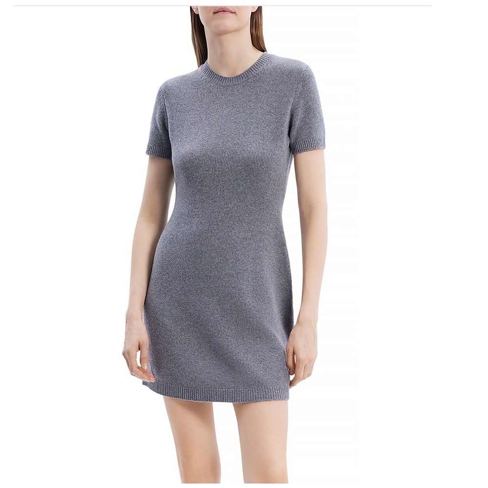 Theory Ash Melange Wool Cashmere Short Sleeve Crew Neck Sweater Dress‎ Large